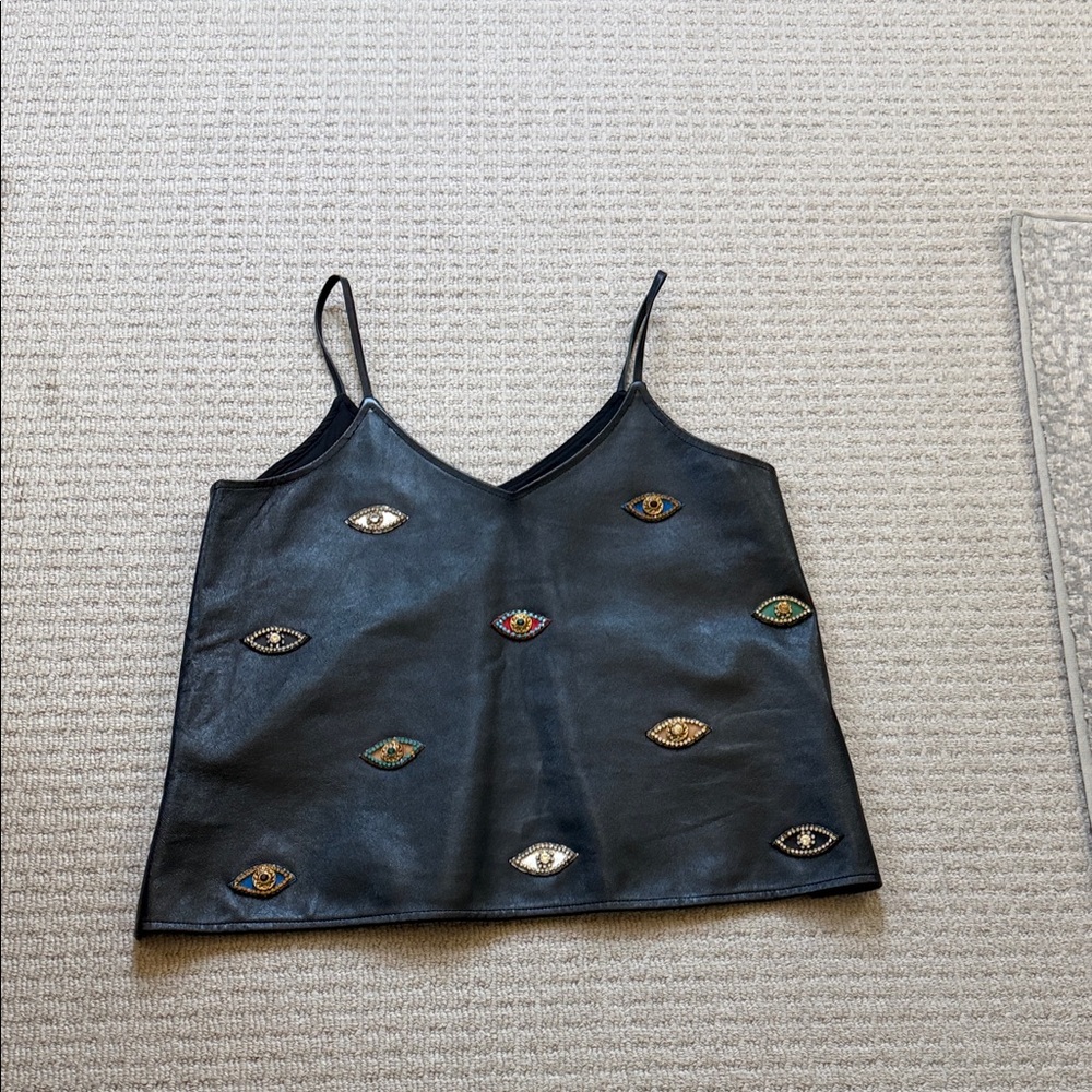 Eye-Embellished Black  Leather Cami